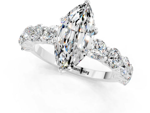 White gold Marquise Cut Moissanite Prong Setting with Side Stones on a Pave Band_1