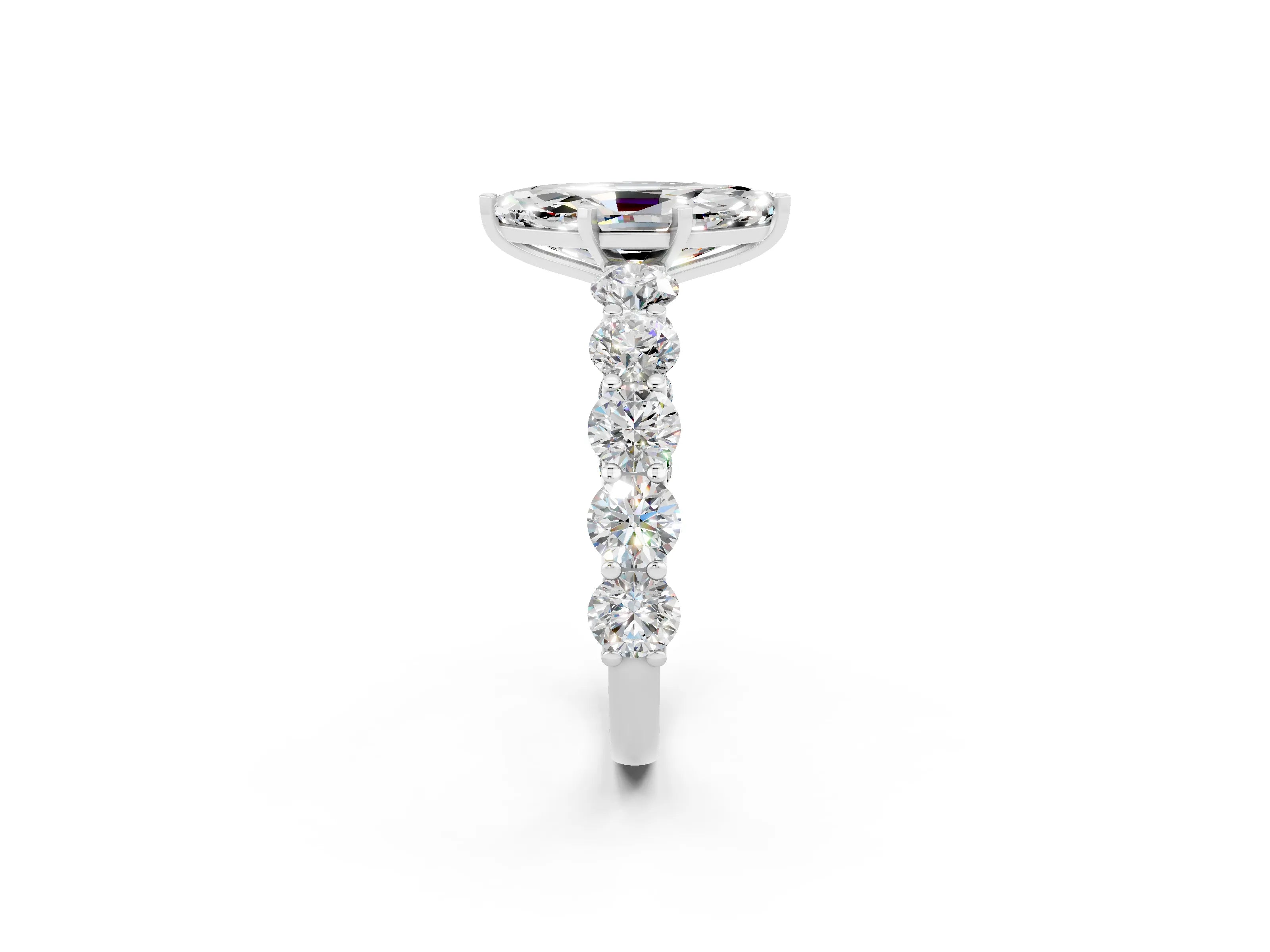 White gold Marquise Cut Moissanite Prong Setting with Side Stones on a Pave Band_2