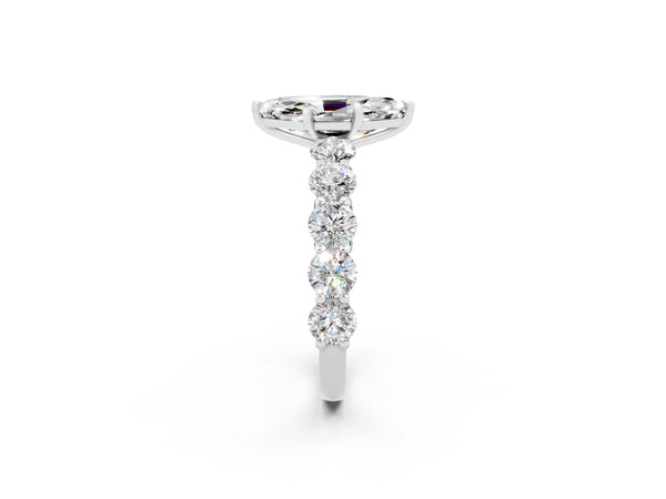 White gold Marquise Cut Moissanite Prong Setting with Side Stones on a Pave Band