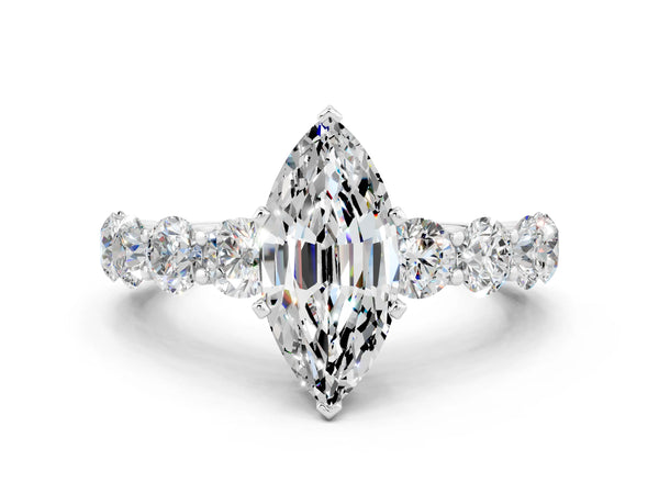 Silver Marquise Cut Moissanite Prong Setting with Side Stones on a Pave Band