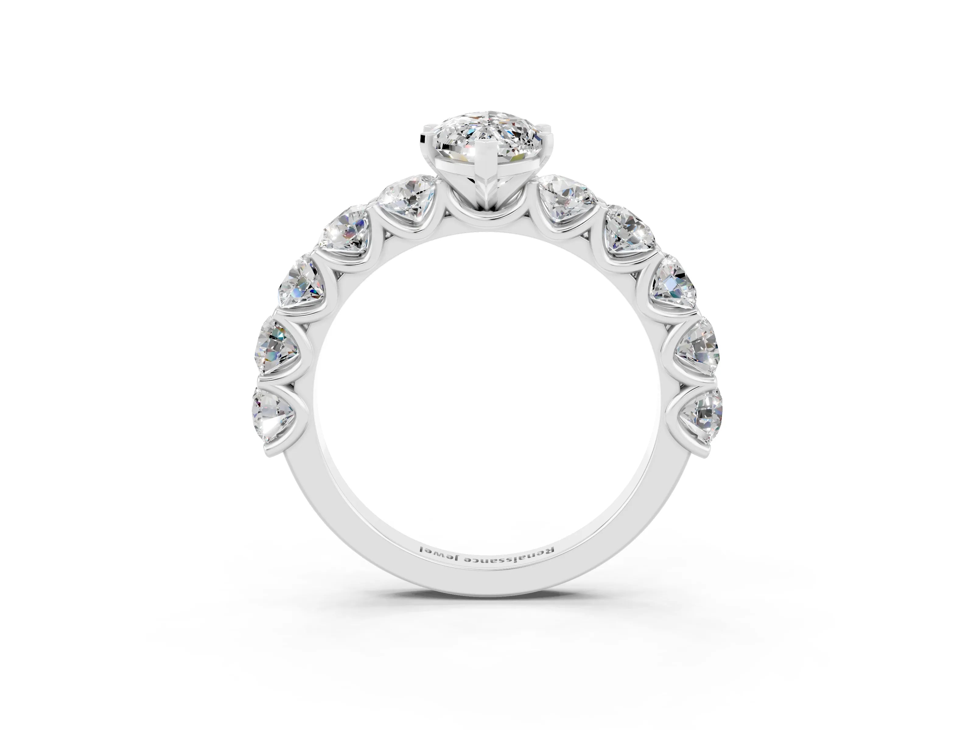 White gold Marquise Cut Moissanite Prong Setting with Side Stones on a Pave Band_3