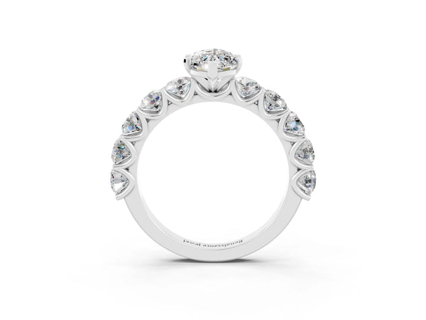 Platinum Marquise Cut Moissanite Prong Setting with Side Stones on a Pave Band