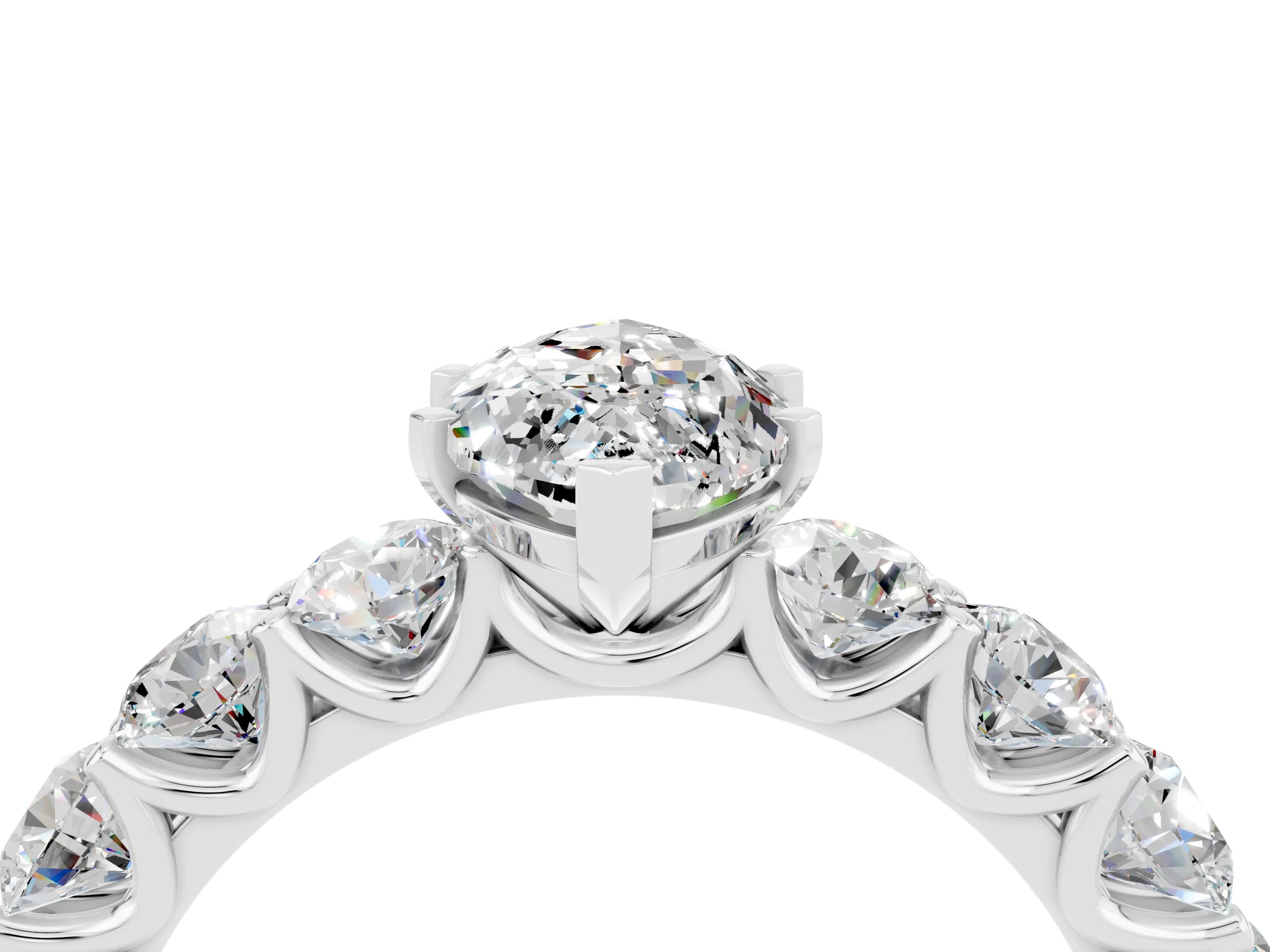 White gold Marquise Cut Moissanite Prong Setting with Side Stones on a Pave Band_4
