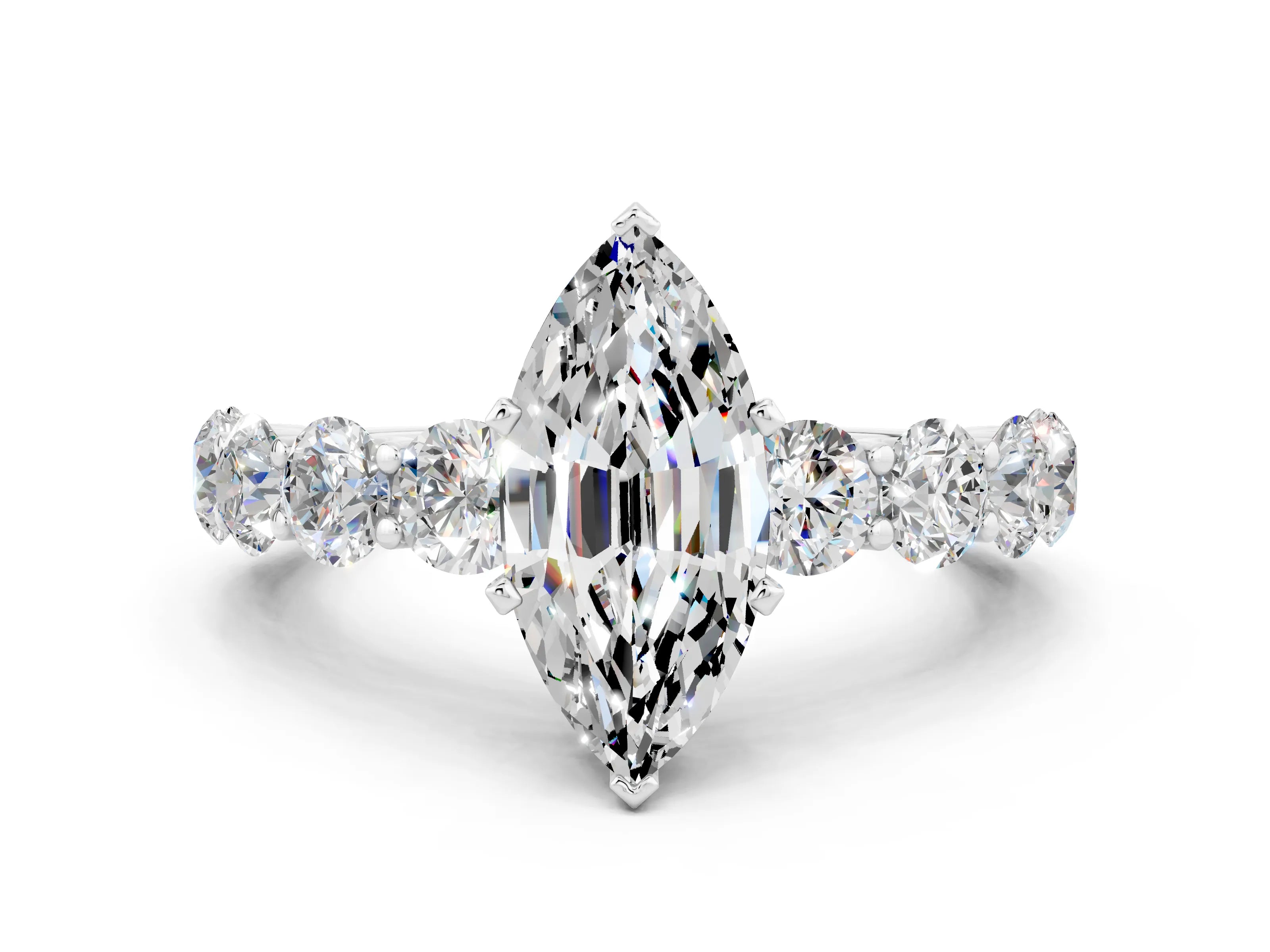 White gold Marquise Cut Moissanite Prong Setting with Side Stones on a Pave Band