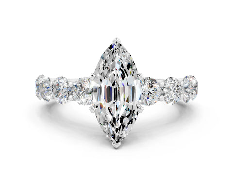 White gold Marquise Cut Moissanite Prong Setting with Side Stones on a Pave Band