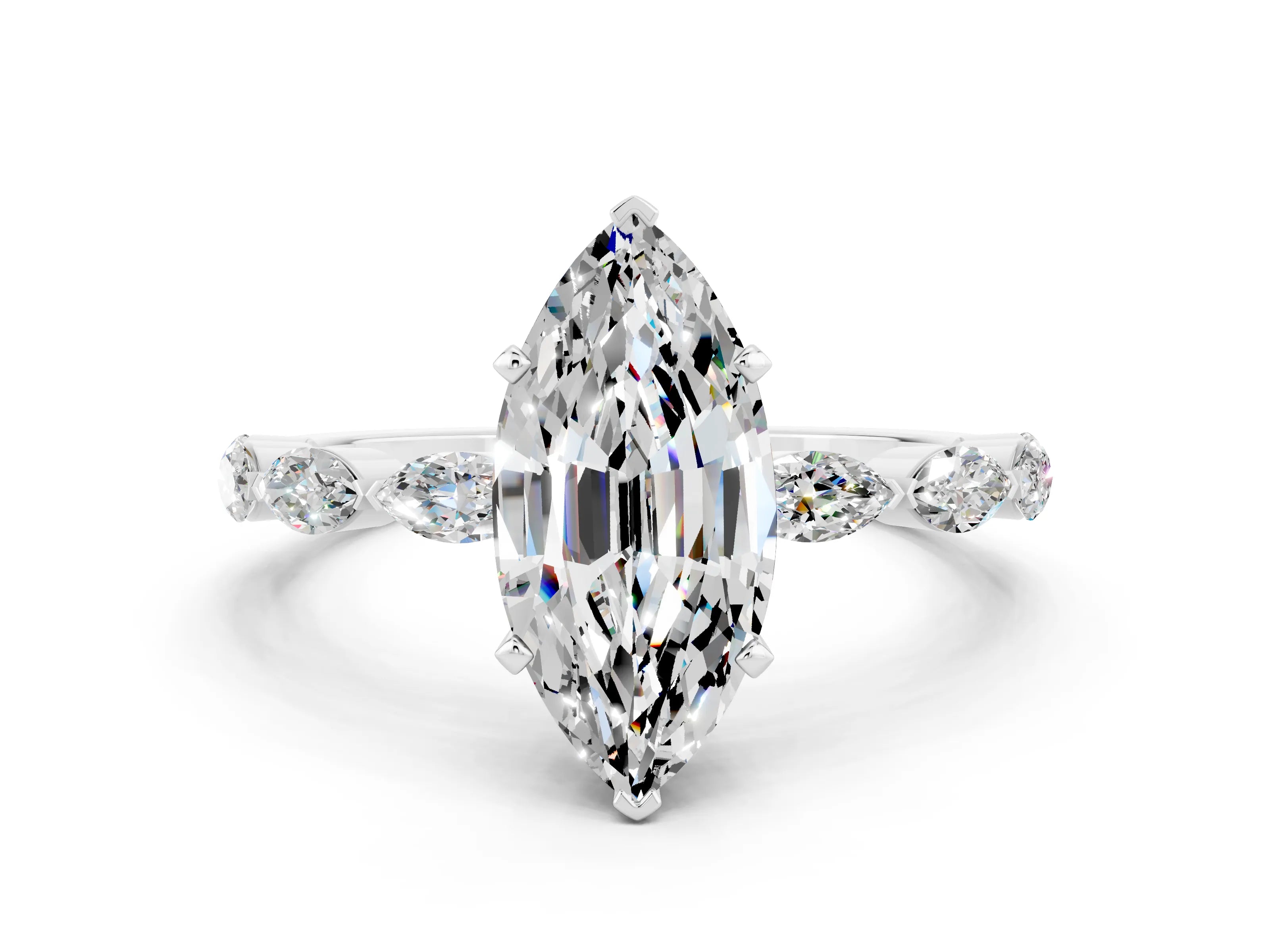 White gold Marquise Cut Moissanite Ring with Marquise Side Stones and Prong Setting