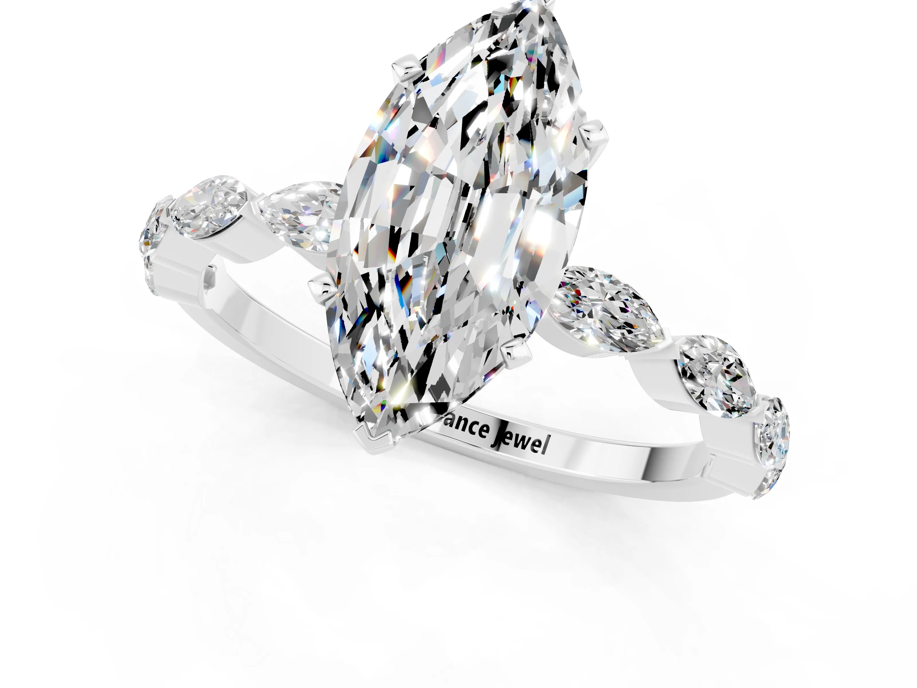 White gold Marquise Cut Moissanite Ring with Marquise Side Stones and Prong Setting_1