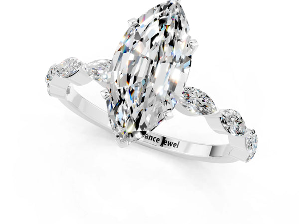 Silver Marquise Cut Moissanite Ring with Marquise Side Stones and Prong Setting