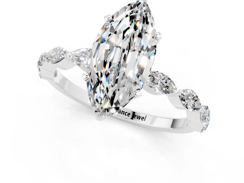 White gold Marquise Cut Moissanite Ring with Marquise Side Stones and Prong Setting_1