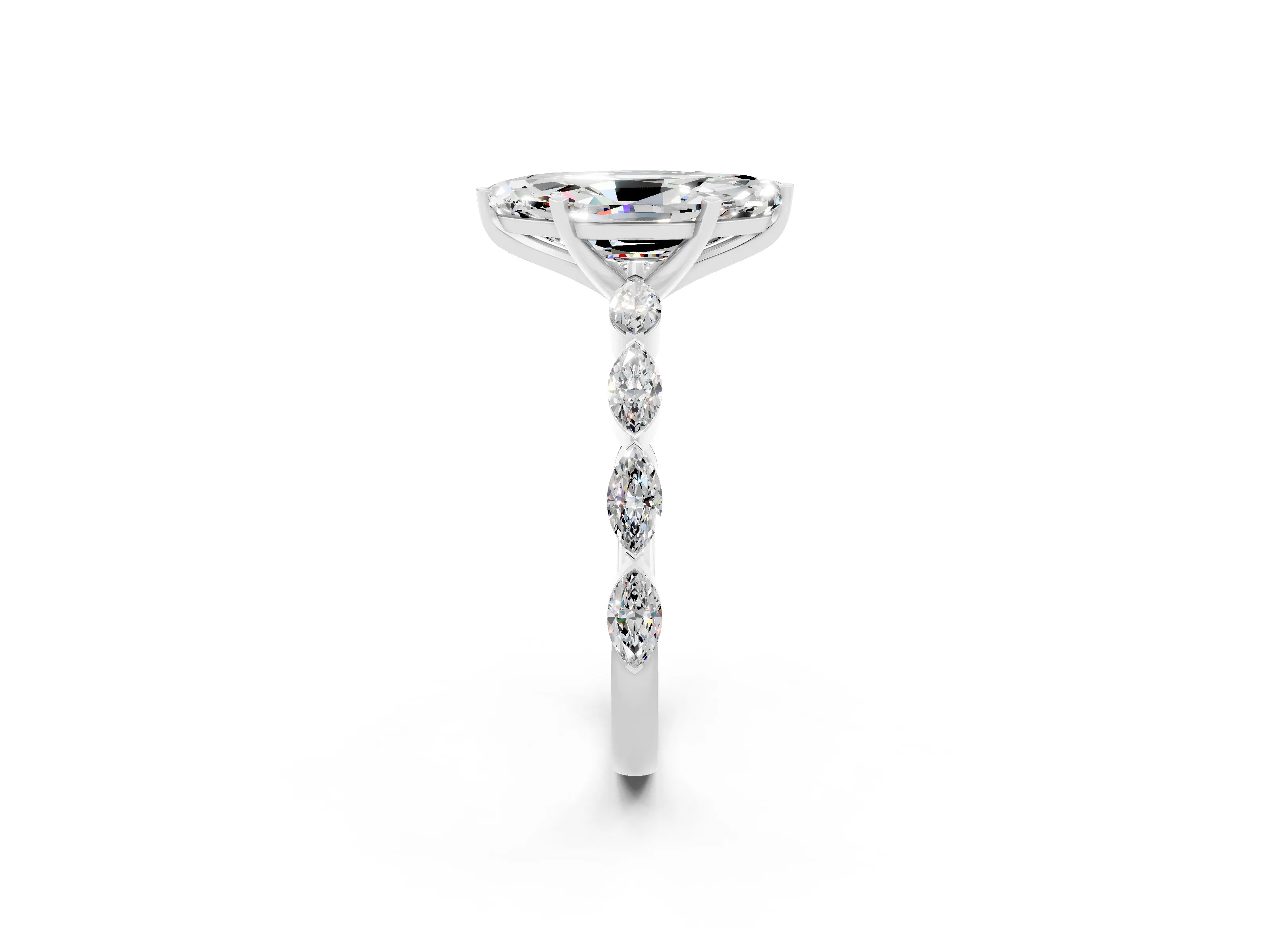 White gold Marquise Cut Moissanite Ring with Marquise Side Stones and Prong Setting_2