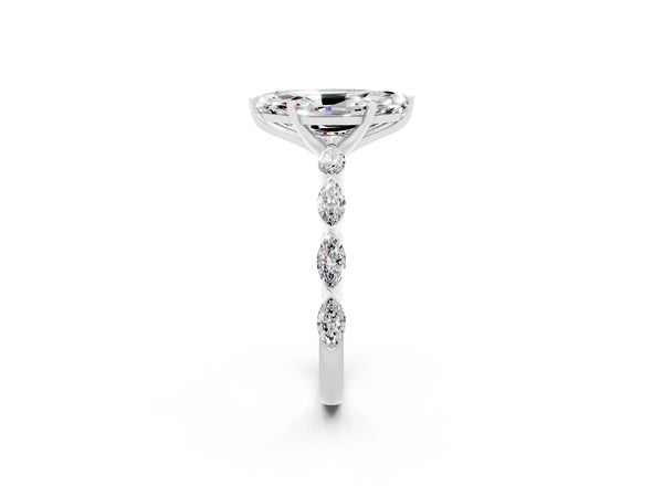 White gold Marquise Cut Moissanite Ring with Marquise Side Stones and Prong Setting