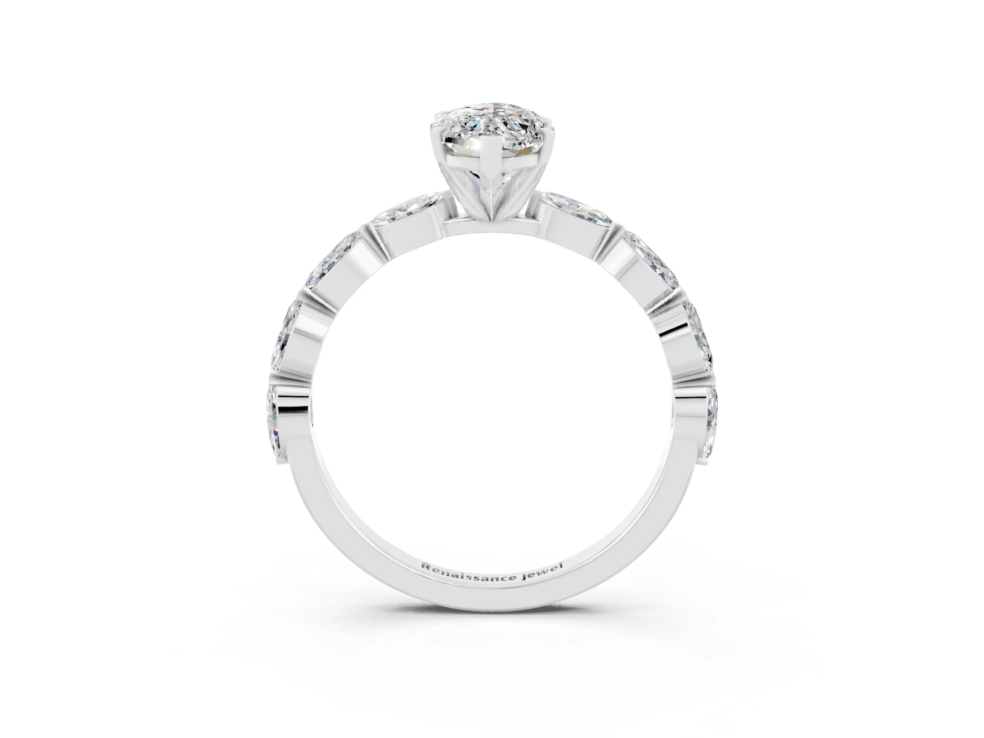 White gold Marquise Cut Moissanite Ring with Marquise Side Stones and Prong Setting_3