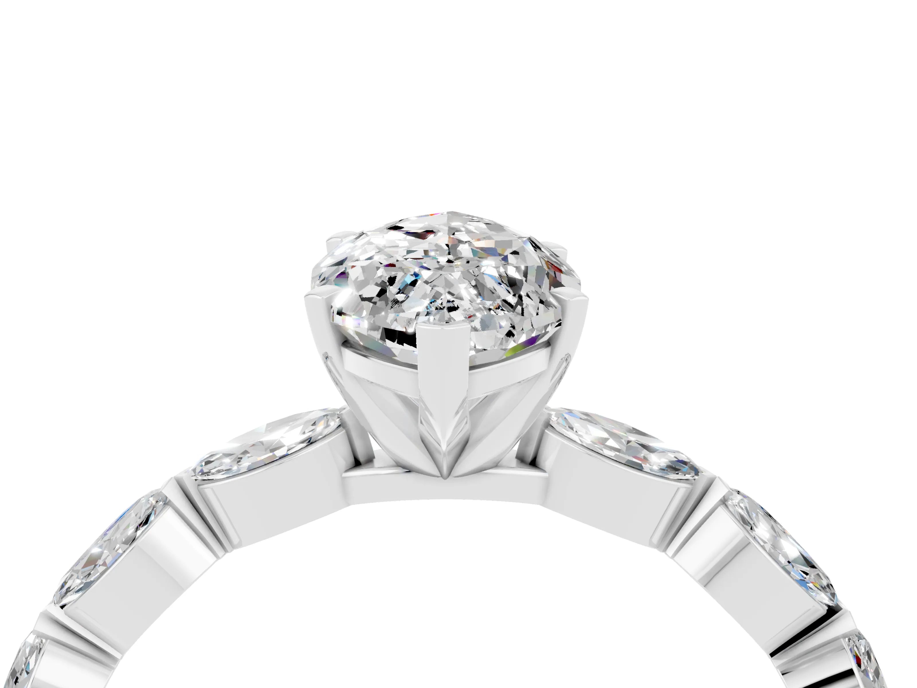 White gold Marquise Cut Moissanite Ring with Marquise Side Stones and Prong Setting_4
