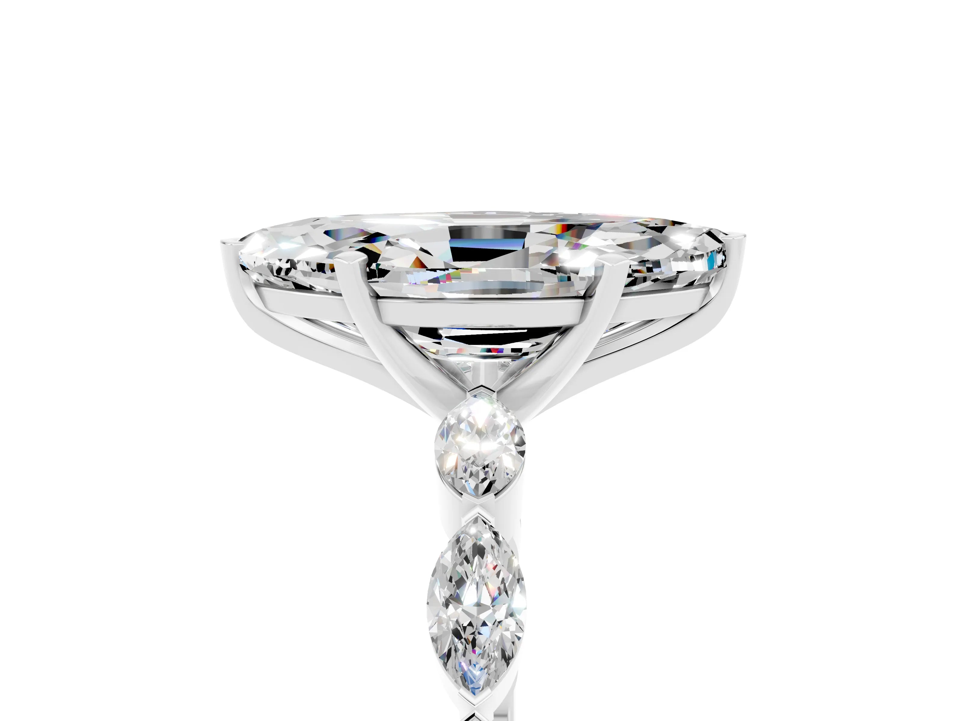 White gold Marquise Cut Moissanite Ring with Marquise Side Stones and Prong Setting_5