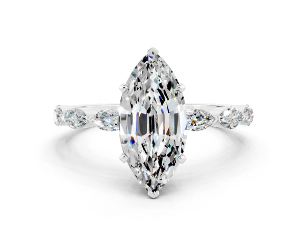 White gold Marquise Cut Moissanite Ring with Marquise Side Stones and Prong Setting