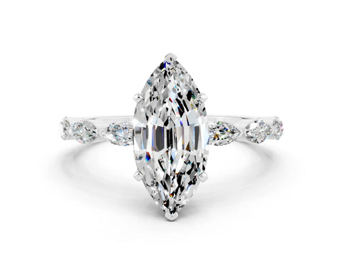 White gold Marquise Cut Moissanite Ring with Marquise Side Stones and Prong Setting