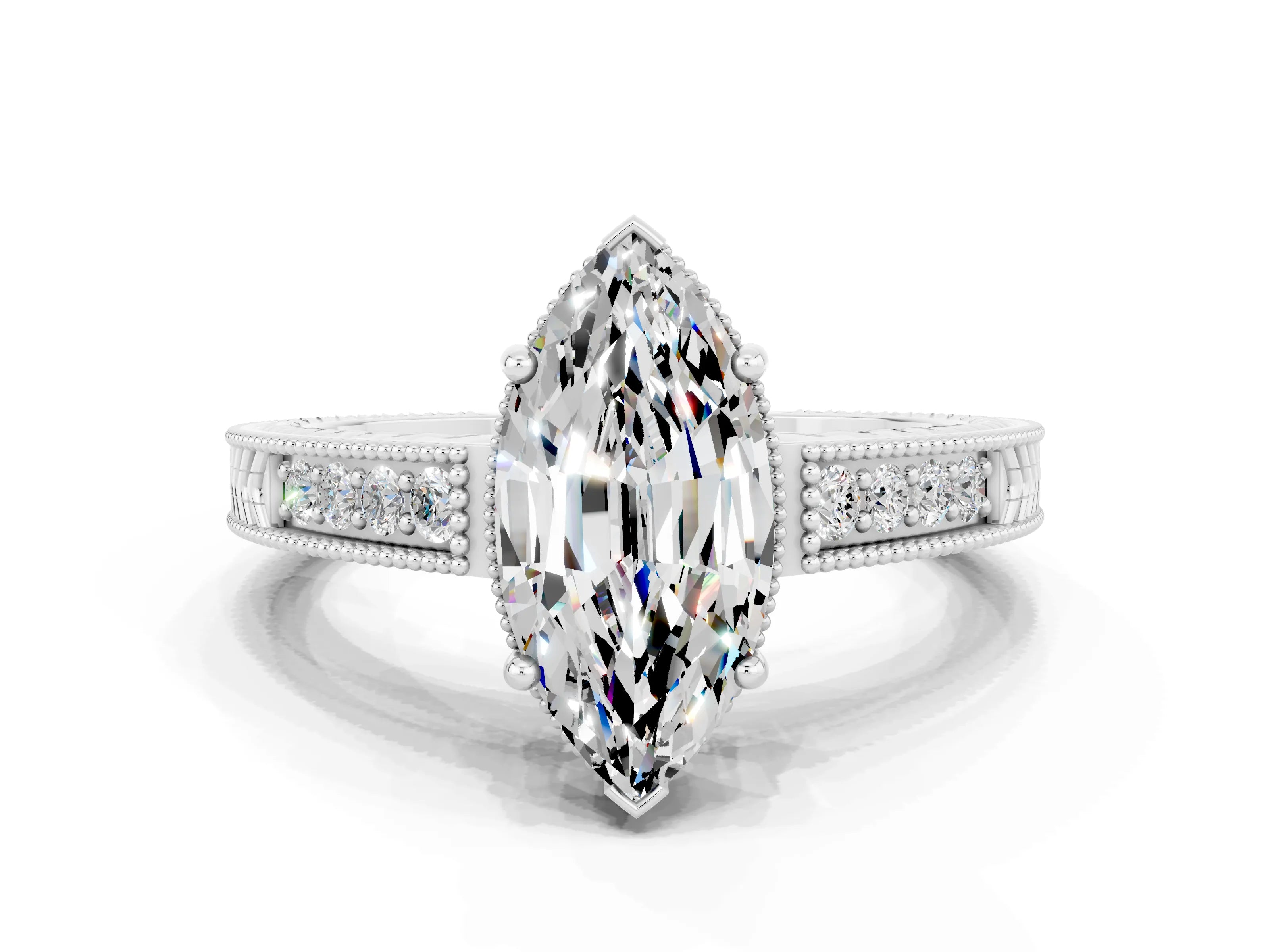 White gold Marquise Cut Moissanite Ring with Milgrain Pavé Band and Four-Prong Setting_12