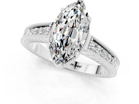 White gold Marquise Cut Moissanite Ring with Milgrain Pavé Band and Four-Prong Setting_13
