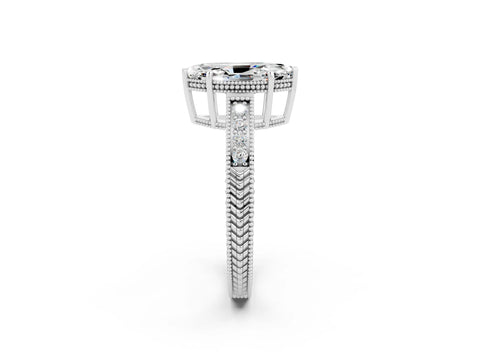 White gold Marquise Cut Moissanite Ring with Milgrain Pavé Band and Four-Prong Setting_14
