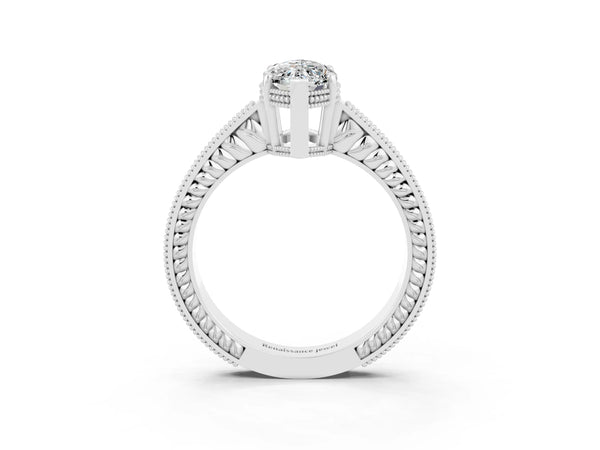 Platinum Marquise Cut Moissanite Ring with Milgrain Pavé Band and Four-Prong Setting