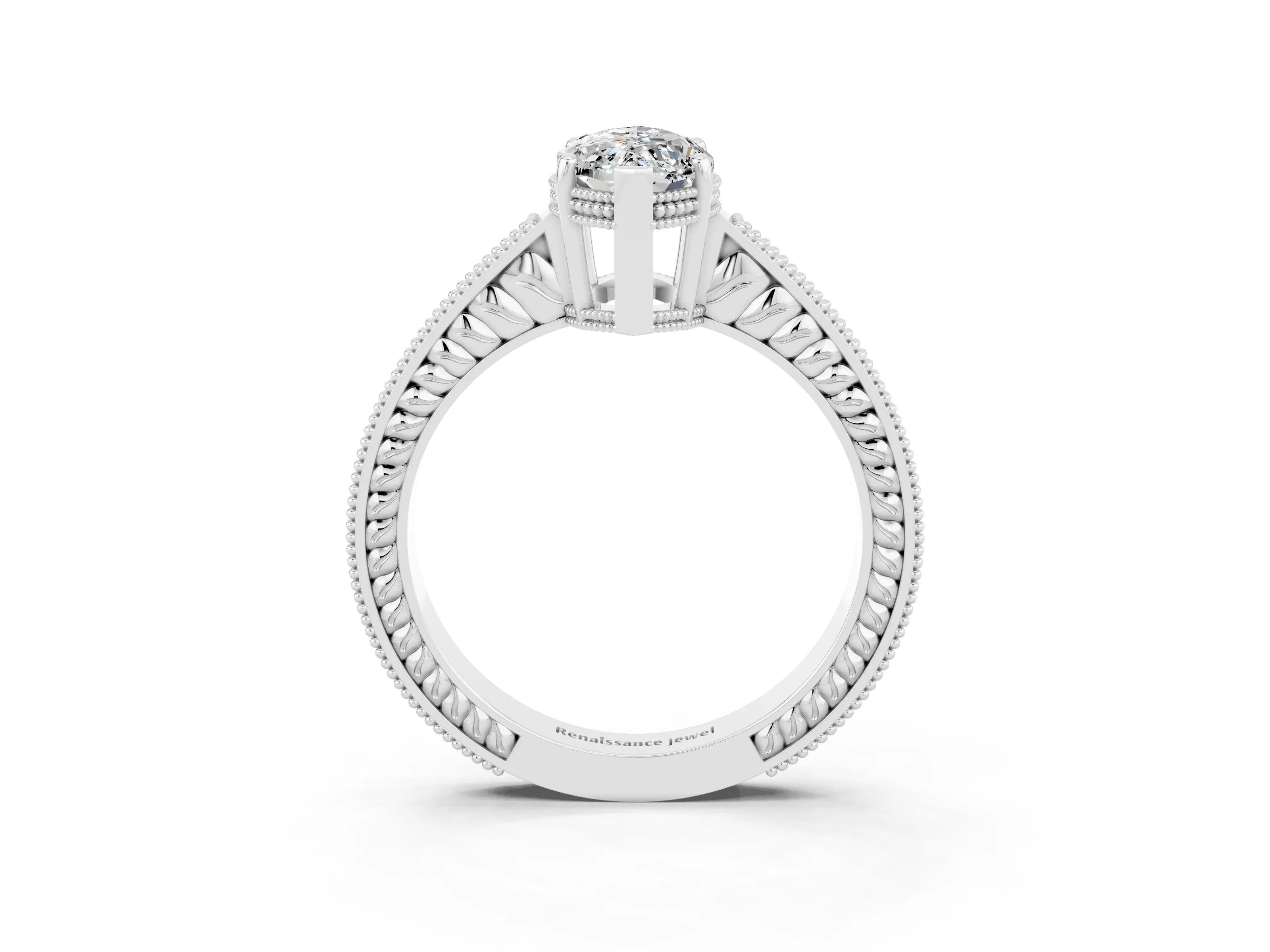 White gold Marquise Cut Moissanite Ring with Milgrain Pavé Band and Four-Prong Setting_15