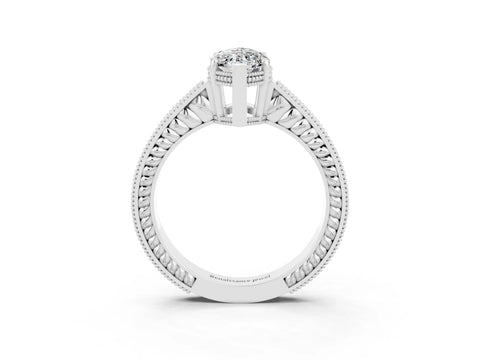 White gold Marquise Cut Moissanite Ring with Milgrain Pavé Band and Four-Prong Setting_15