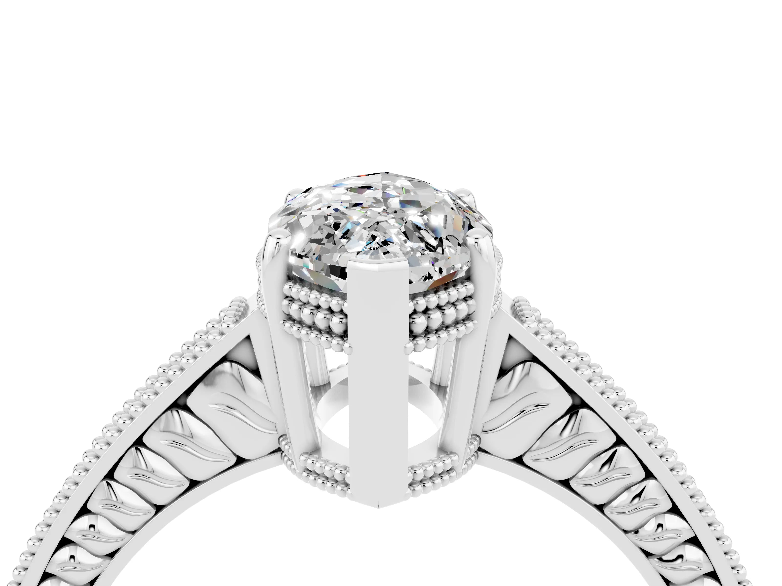 White gold Marquise Cut Moissanite Ring with Milgrain Pavé Band and Four-Prong Setting_16