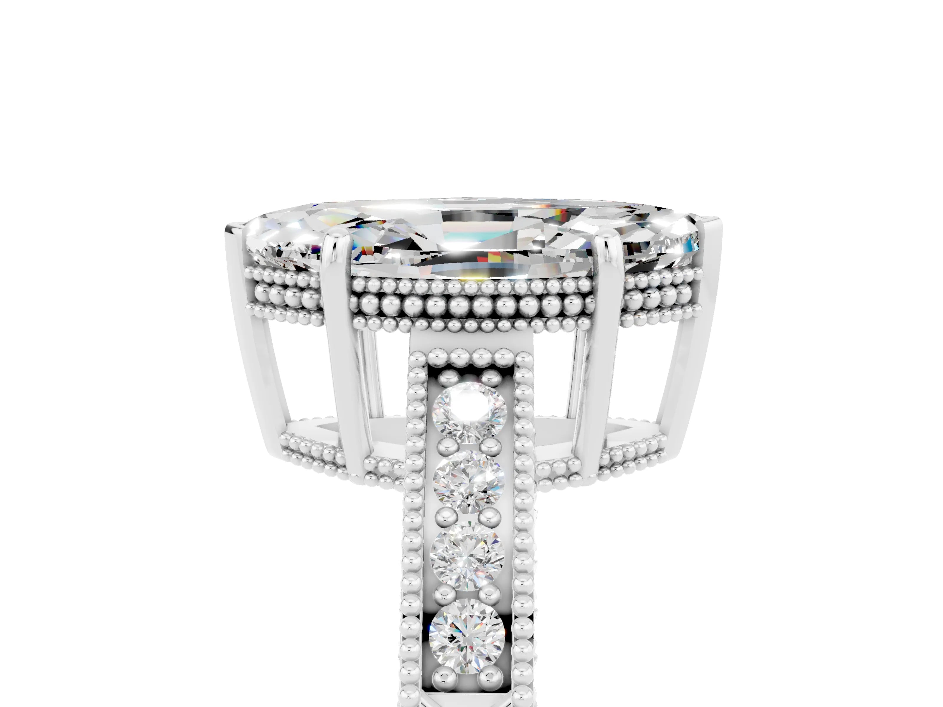White gold Marquise Cut Moissanite Ring with Milgrain Pavé Band and Four-Prong Setting_17