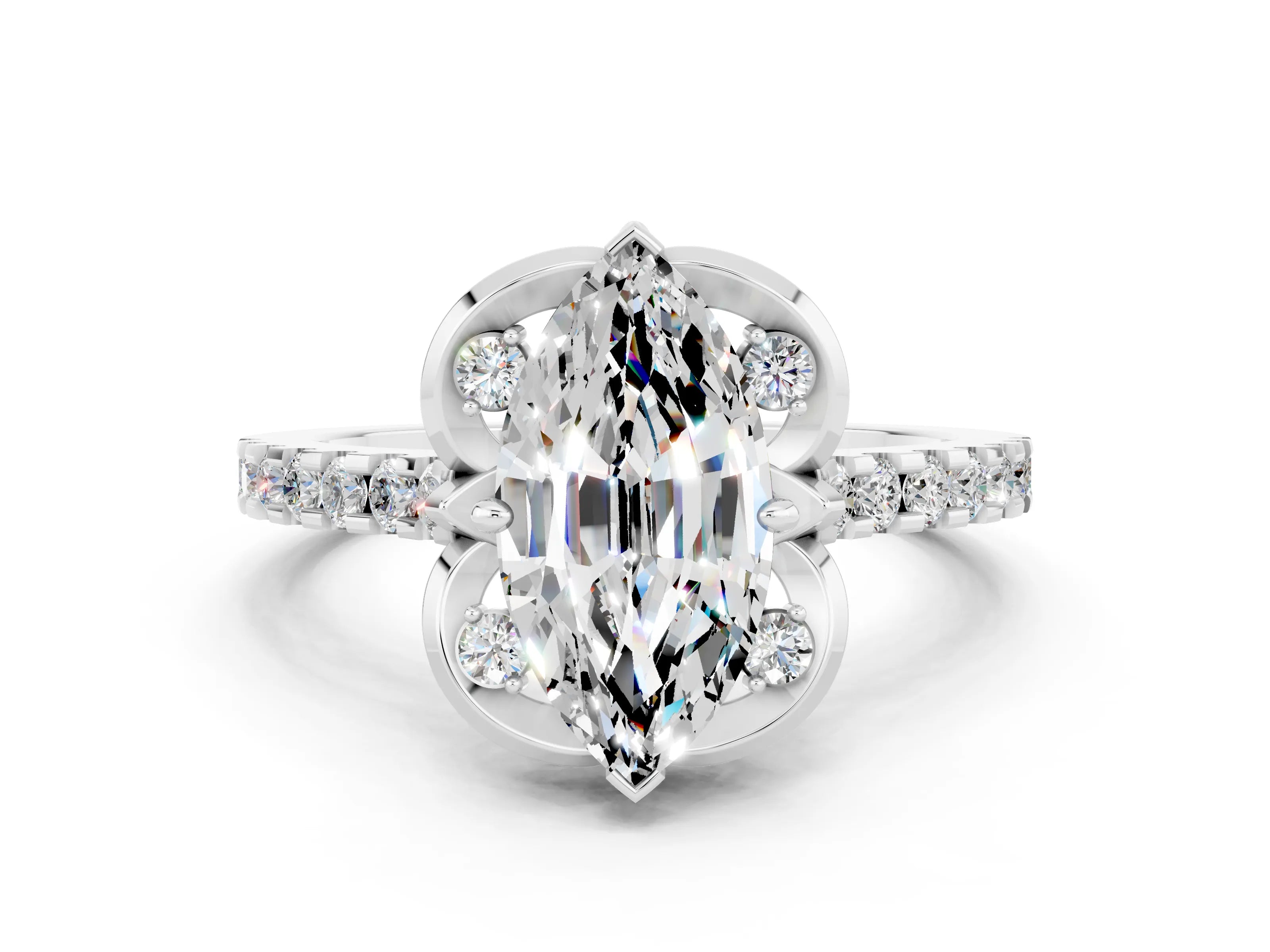 White gold Marquise Cut Moissanite Ring with Pavé Band and Floral Prong Setting