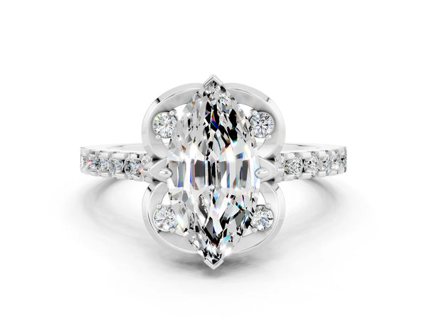 Platinum Marquise Cut Moissanite Ring with Pavé Band and Floral Prong Setting