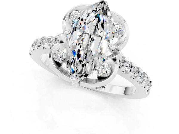 Platinum Marquise Cut Moissanite Ring with Pavé Band and Floral Prong Setting