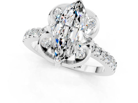 White gold Marquise Cut Moissanite Ring with Pavé Band and Floral Prong Setting_1