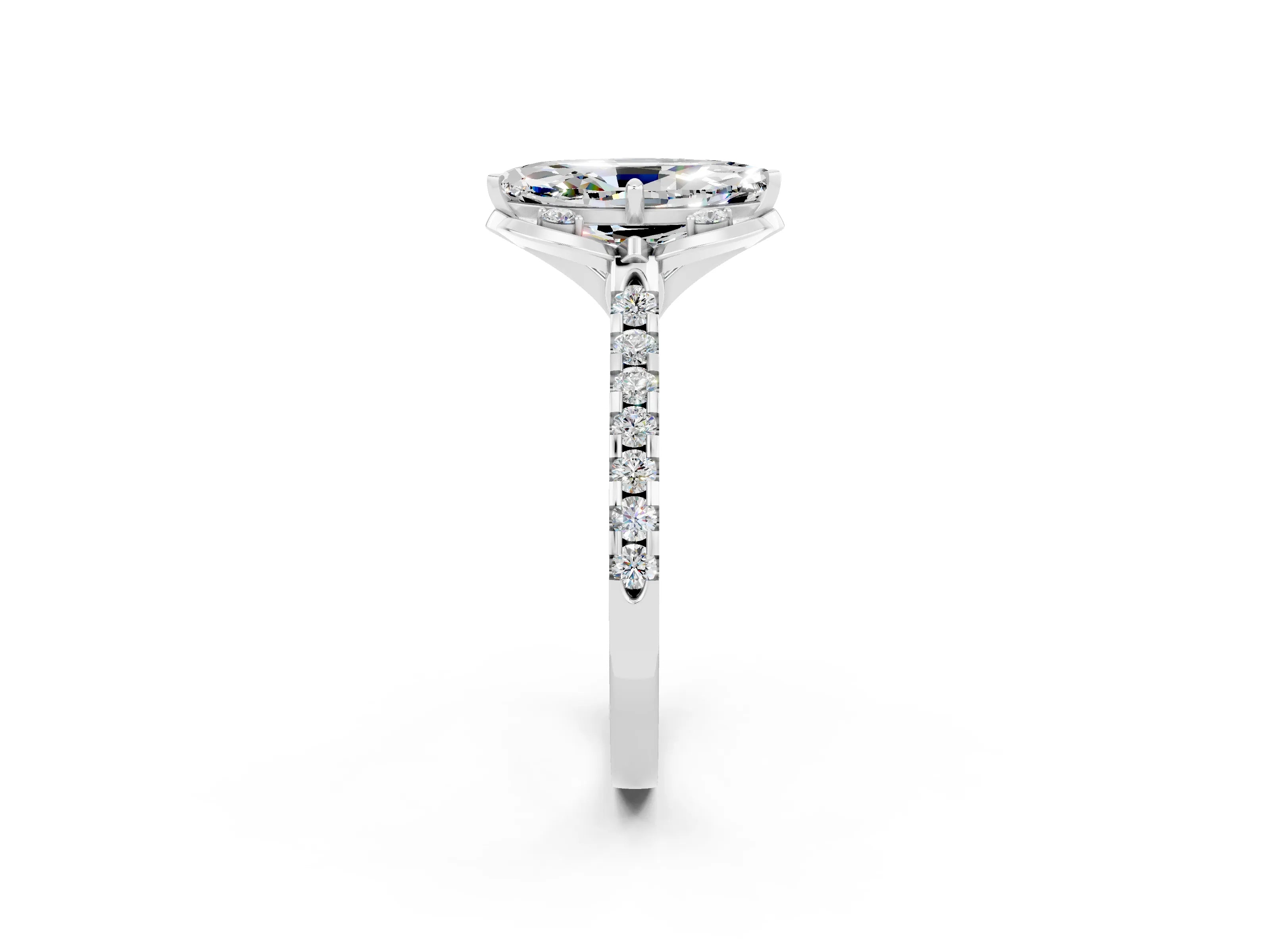 White gold Marquise Cut Moissanite Ring with Pavé Band and Floral Prong Setting_2