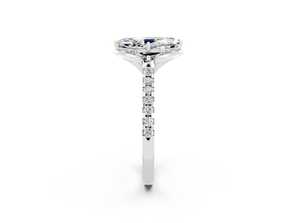 White gold Marquise Cut Moissanite Ring with Pavé Band and Floral Prong Setting