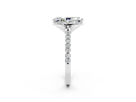 White gold Marquise Cut Moissanite Ring with Pavé Band and Floral Prong Setting_2