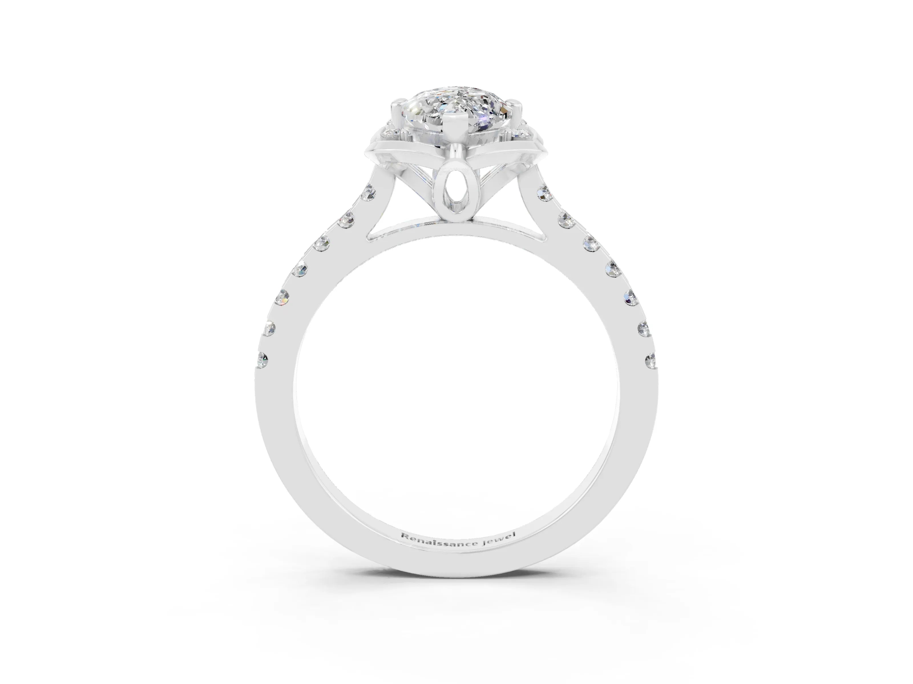 White gold Marquise Cut Moissanite Ring with Pavé Band and Floral Prong Setting_3