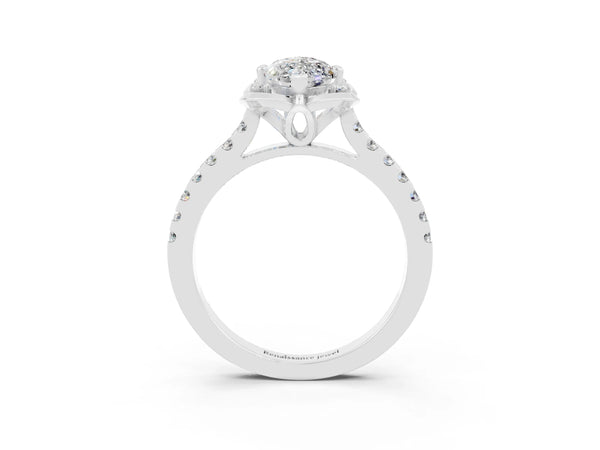 Platinum Marquise Cut Moissanite Ring with Pavé Band and Floral Prong Setting