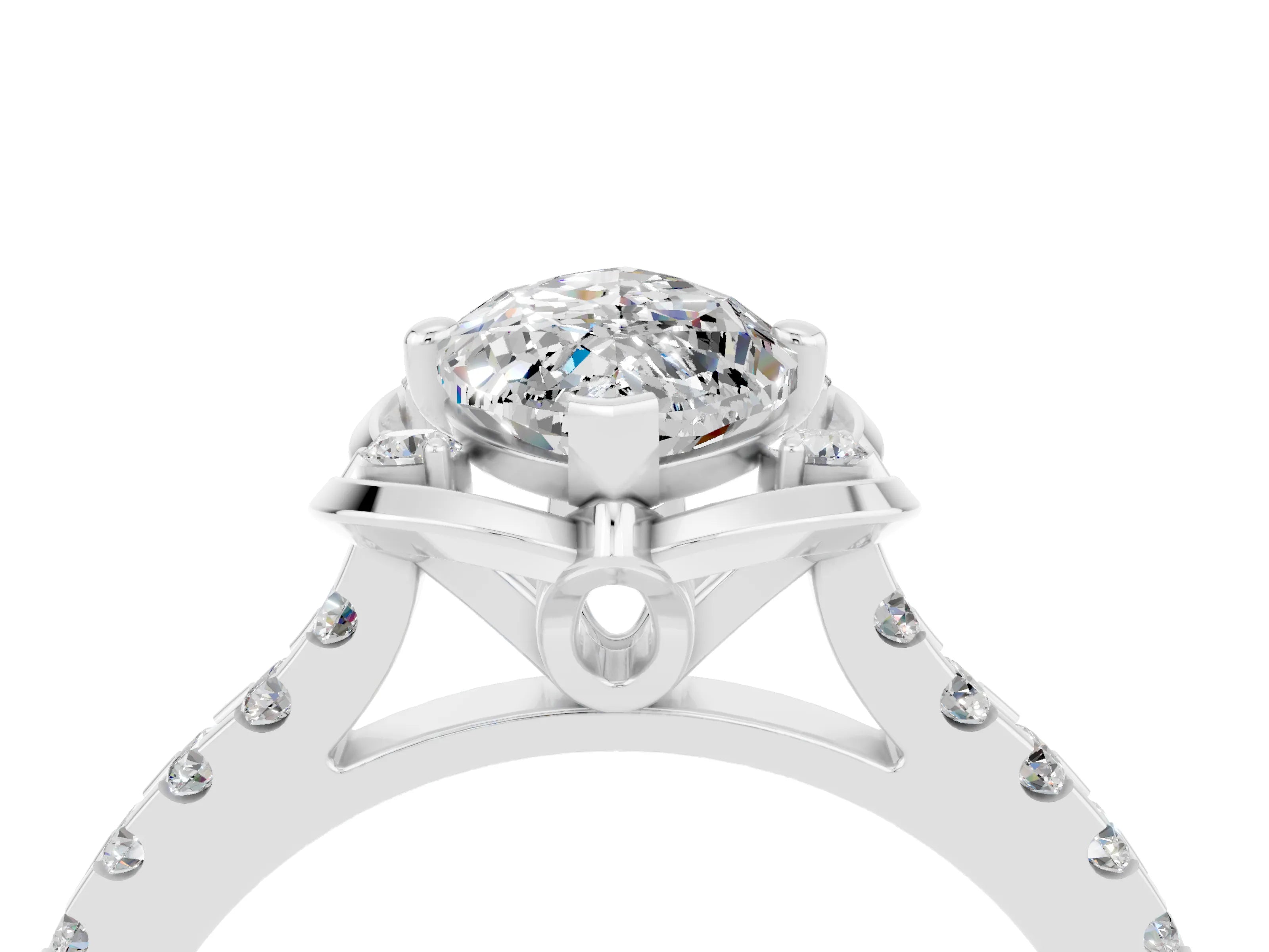 White gold Marquise Cut Moissanite Ring with Pavé Band and Floral Prong Setting_4