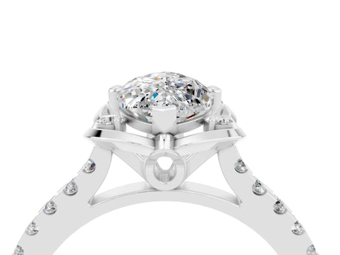 White gold Marquise Cut Moissanite Ring with Pavé Band and Floral Prong Setting_4