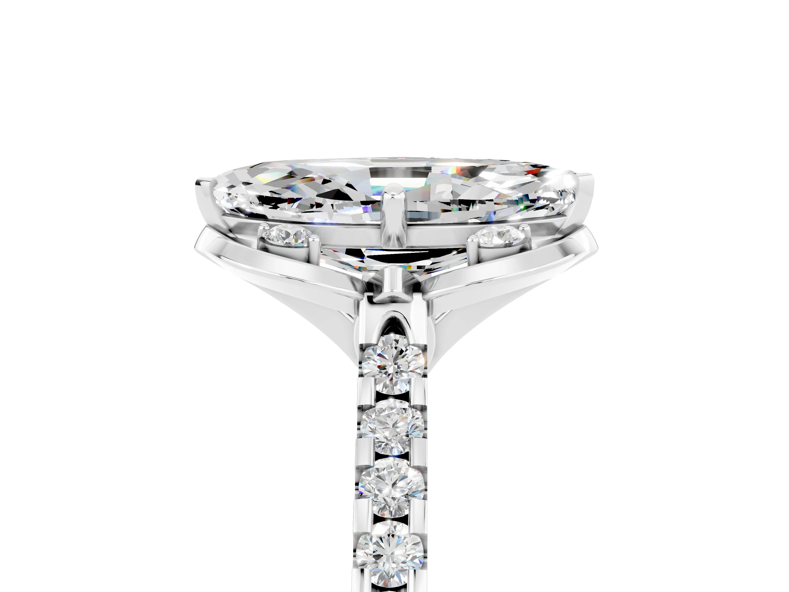 White gold Marquise Cut Moissanite Ring with Pavé Band and Floral Prong Setting_5