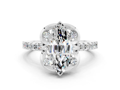 White gold Marquise Cut Moissanite Ring with Pavé Band and Floral Prong Setting