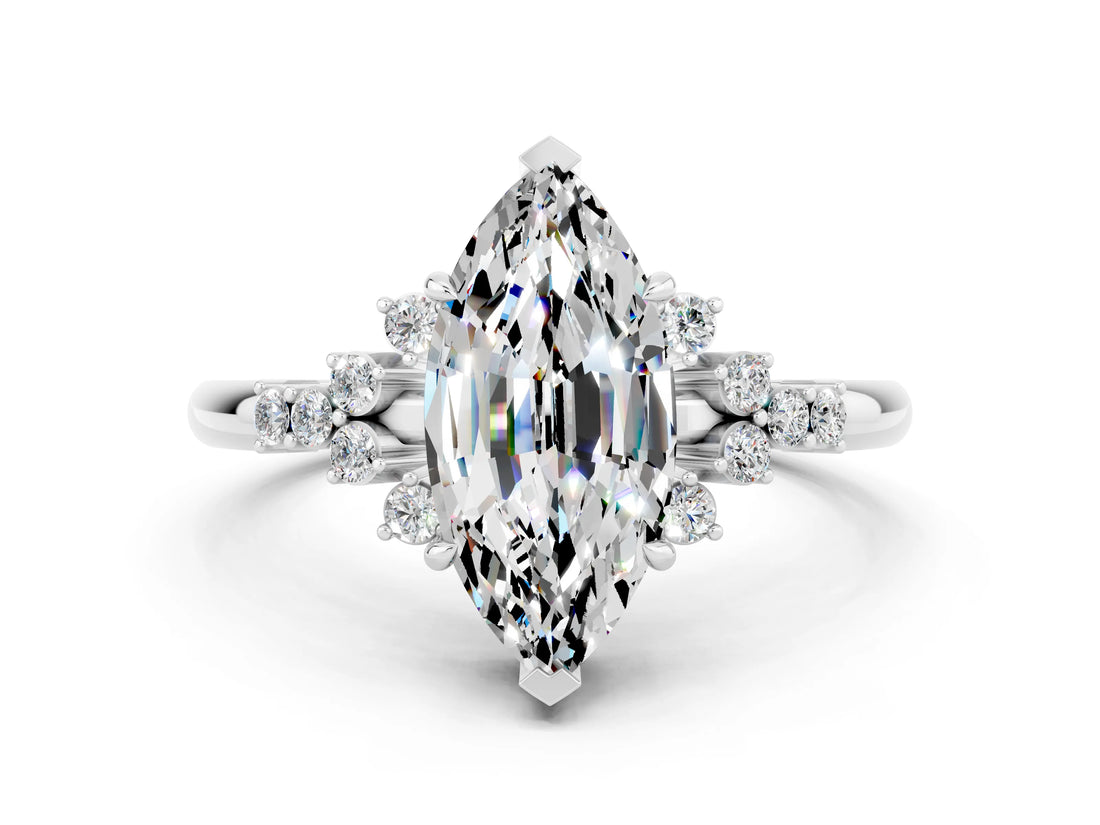 White gold Marquise Cut Moissanite Ring with Side Stones and Four-Prong Setting_55