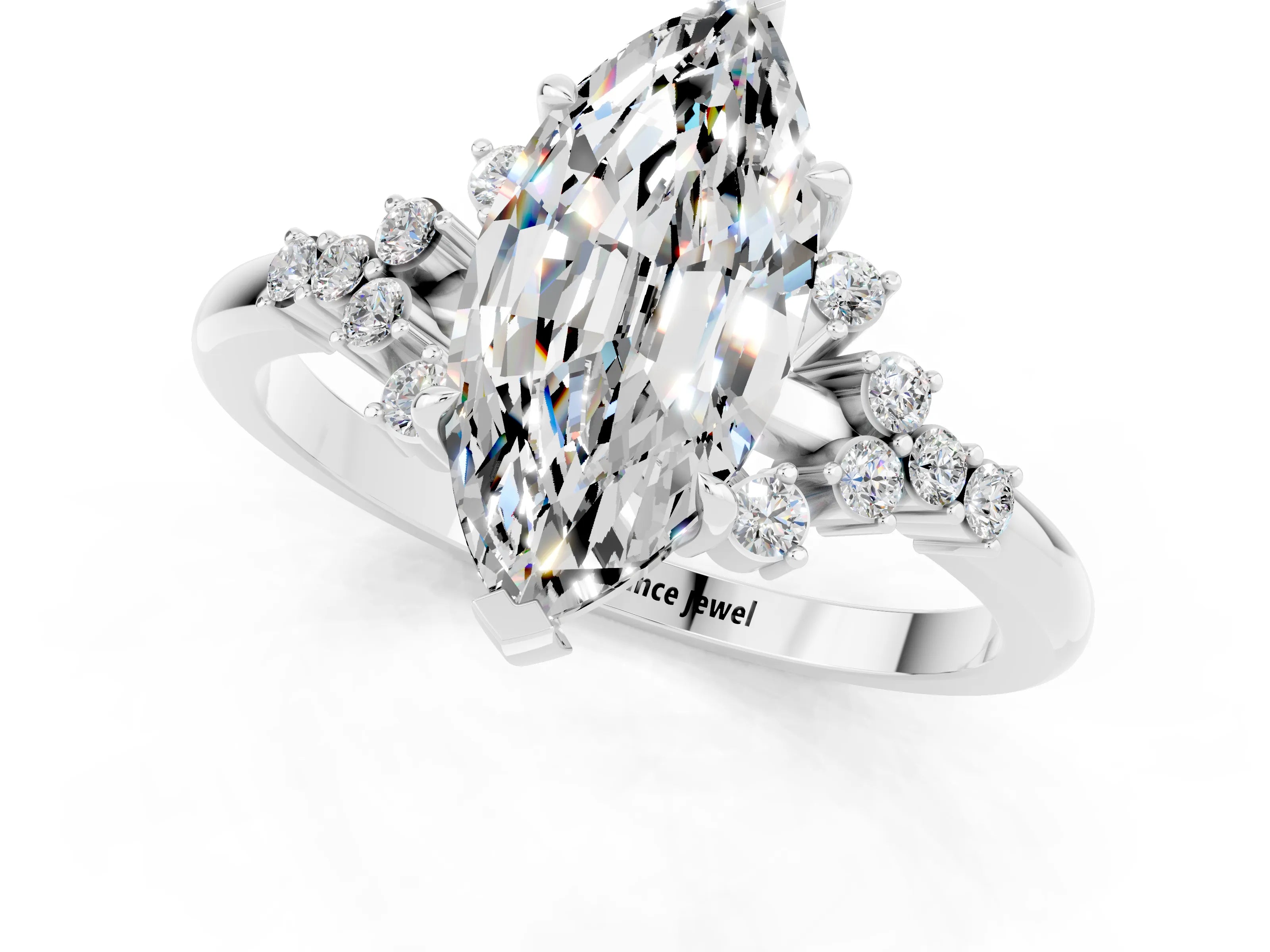 White gold Marquise Cut Moissanite Ring with Side Stones and Four-Prong Setting_56