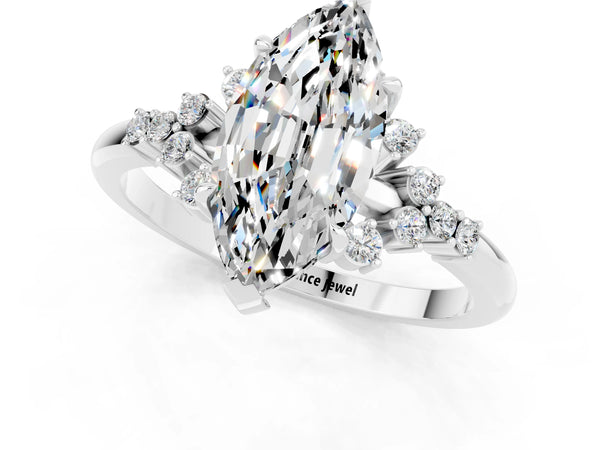 White gold Marquise Cut Moissanite Ring with Side Stones and Four-Prong Setting
