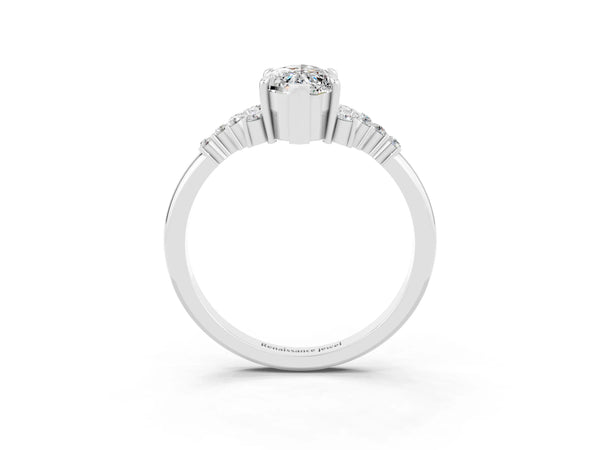 White gold Marquise Cut Moissanite Ring with Side Stones and Four-Prong Setting