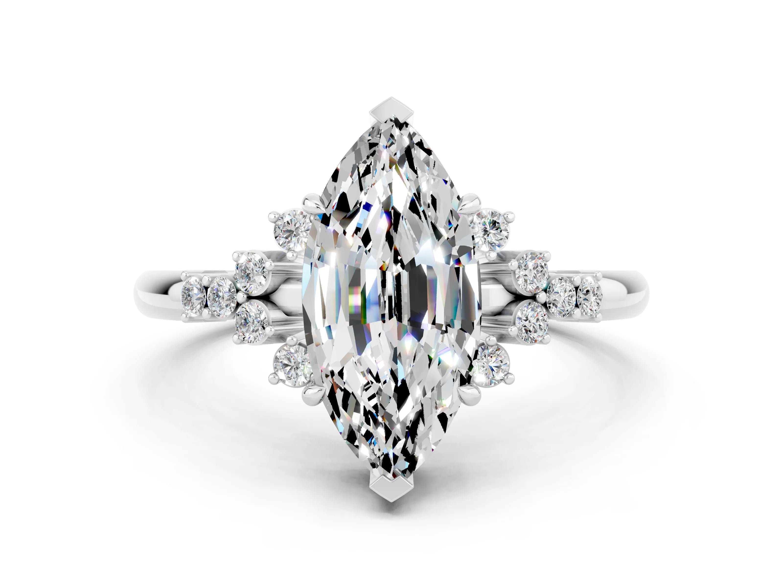 White gold Marquise Cut Moissanite Ring with Side Stones and Four-Prong Setting_60
