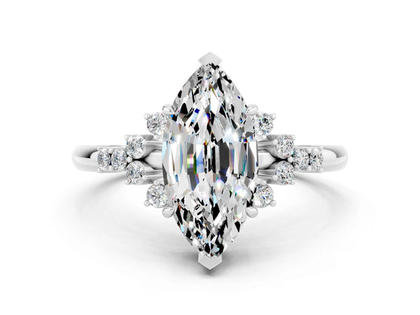 Silver Marquise Cut Moissanite Ring with Side Stones and Four-Prong Setting