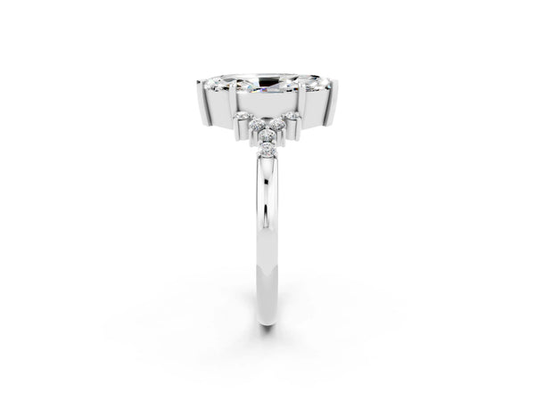 Silver Marquise Cut Moissanite Ring with Side Stones and Four-Prong Setting