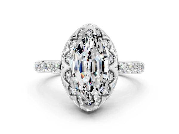 White gold Marquise Cut Moissanite Scalloped Halo Engagement Ring with Round Shared Prong Band