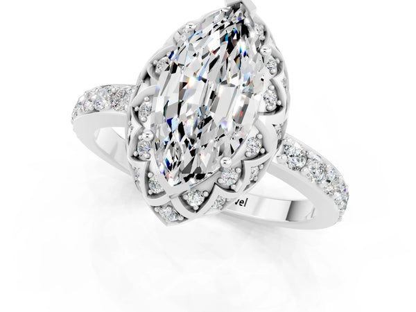 White gold Marquise Cut Moissanite Scalloped Halo Engagement Ring with Round Shared Prong Band